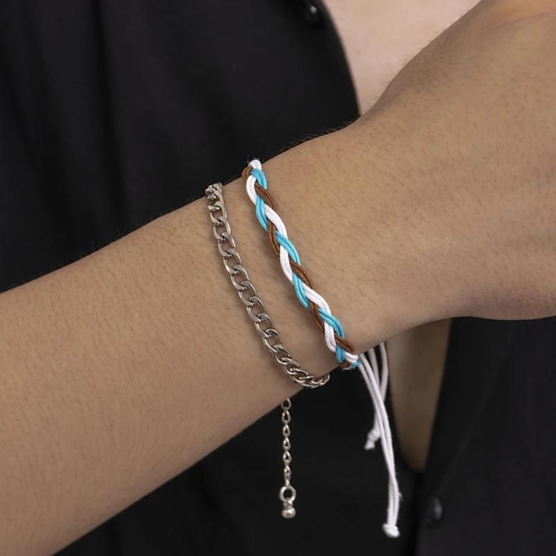 Men's Cuban Link Chain Bracelet Wax Line Twist Cord Bangle