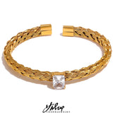 18K Plated Mesh Weave Bangle Bracelet CZ Charm Jewelry Gift