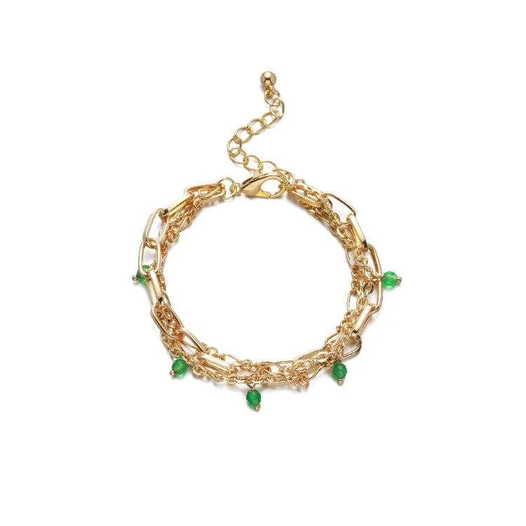 Green Crystal Charm Bracelet for Women Three Layers Adjustable