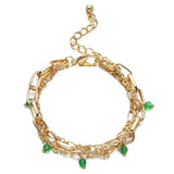 Green Crystal Charm Bracelet for Women Three Layers Adjustable
