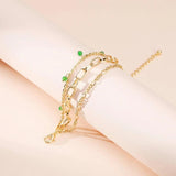 Green Crystal Charm Bracelet for Women Three Layers Adjustable