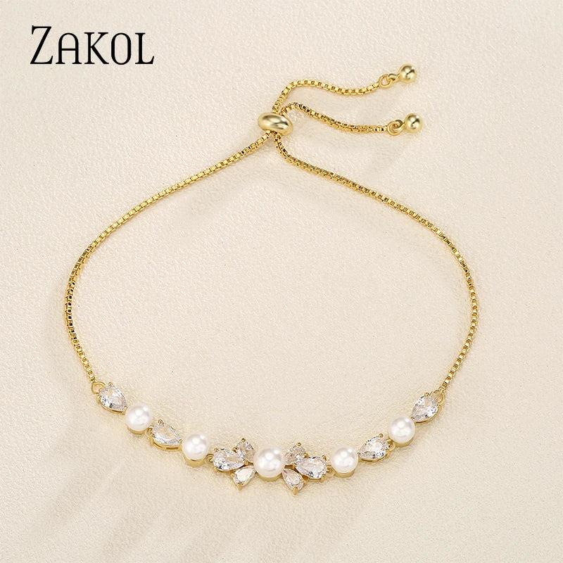 Pearls Adjustable Bracelet Zircon Leaf Bridal Wedding Jewelry