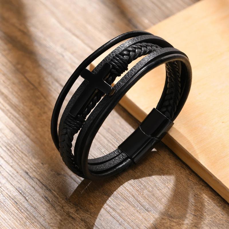 Men's Braided Leather Cross Bracelet, Layered Faith Wristband