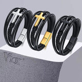Men's Braided Leather Cross Bracelet, Layered Faith Wristband
