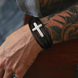 Men's Braided Leather Cross Bracelet, Layered Faith Wristband