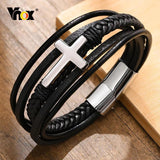Men's Braided Leather Cross Bracelet, Layered Faith Wristband