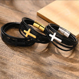 Men's Braided Leather Cross Bracelet, Layered Faith Wristband
