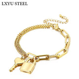 Stainless Steel Key Lock Pendant Thick Chain Bracelet for Women