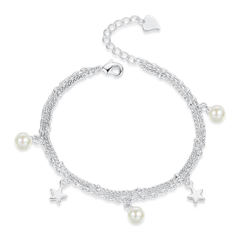 S925 Stamp Silver Charm Star Pearl Chain Bracelet for Woman
