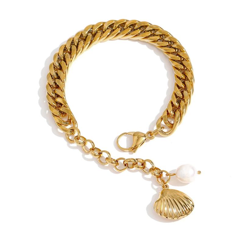 Stainless Steel Chain Bangle Bracelet Beach Shell Natural Pearl Bracelet