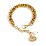Stainless Steel Chain Bangle Bracelet Beach Shell Natural Pearl Bracelet