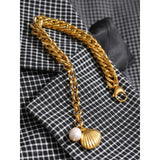 Stainless Steel Chain Bangle Bracelet Beach Shell Natural Pearl Bracelet