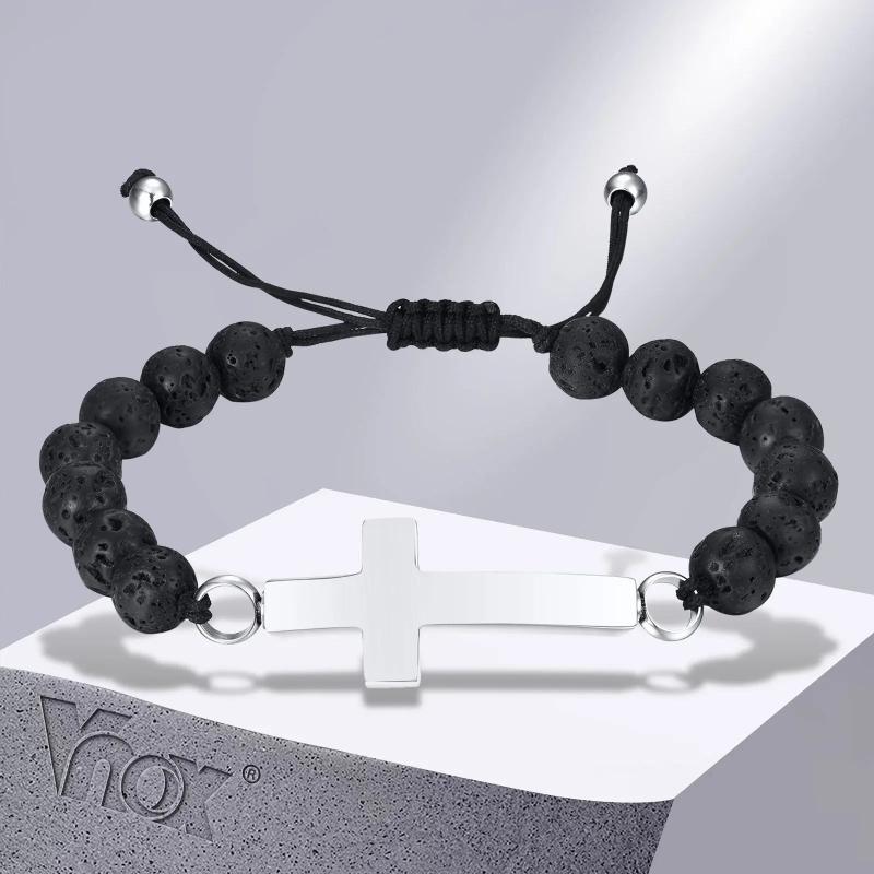 Cross Tag Urn Bracelet Men, 8MM Volcanic Rock Stone Beads Wristband