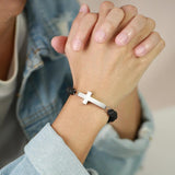 Cross Tag Urn Bracelet Men, 8MM Volcanic Rock Stone Beads Wristband