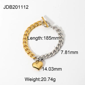 Punk Half 18K Stainless Steel Chain & Steel Cuban Flat Chain Heart Bracelet