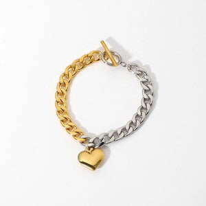 Punk Half 18K Stainless Steel Chain & Steel Cuban Flat Chain Heart Bracelet