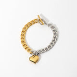 Punk Half 18K Stainless Steel Chain & Steel Cuban Flat Chain Heart Bracelet
