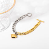 Punk Half 18K Stainless Steel Chain & Steel Cuban Flat Chain Heart Bracelet