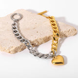 Punk Half 18K Stainless Steel Chain & Steel Cuban Flat Chain Heart Bracelet