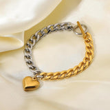 Punk Half 18K Stainless Steel Chain & Steel Cuban Flat Chain Heart Bracelet