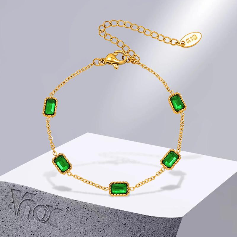 Green Square Zircon Stone Bracelet, Stainless Steel Chain Jewelry