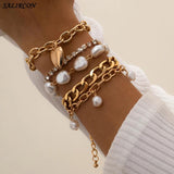 Vintage Multilayer Chains Bracelets Kpop Charm Crystal Heart Pearl Pendants Brac