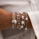 Vintage Multilayer Chains Bracelets Kpop Charm Crystal Heart Pearl Pendants Brac