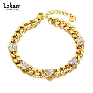 Titanium SS Chain Link Bracelet Rhinestone Heart Charm B22004