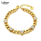 Titanium SS Chain Link Bracelet Rhinestone Heart Charm B22004