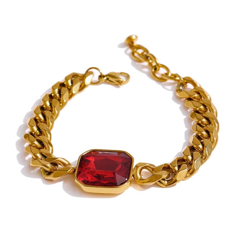 Red CZ Chain Bangle Bracelet Stainless Steel Heavy Metal 18K Golden Bijoux Femme