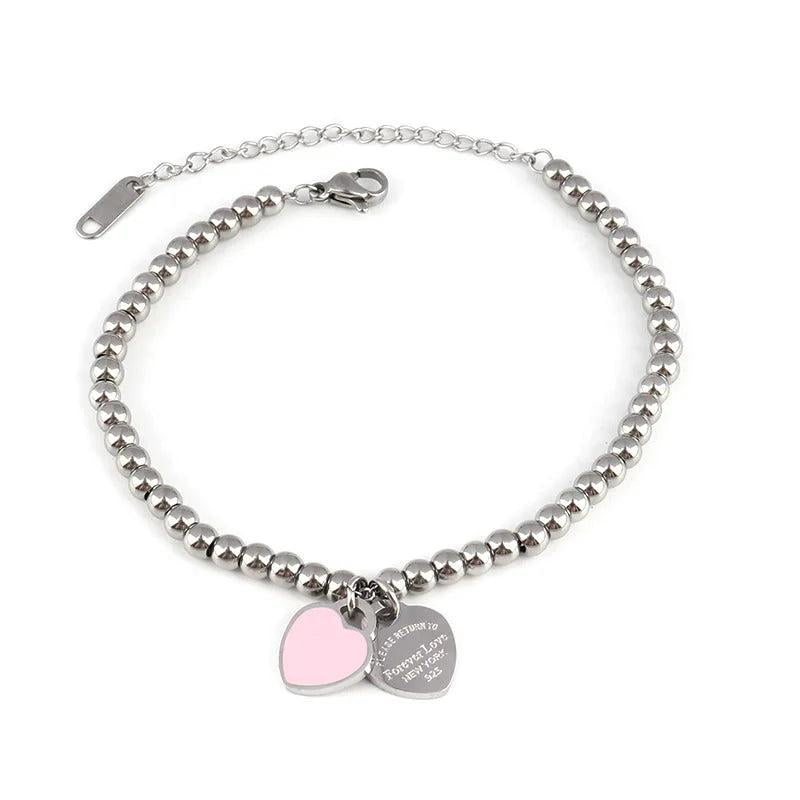 Stainless Steel Double Heart Bracelet Charm Bead Bangle for Women