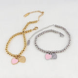 Stainless Steel Double Heart Bracelet Charm Bead Bangle for Women