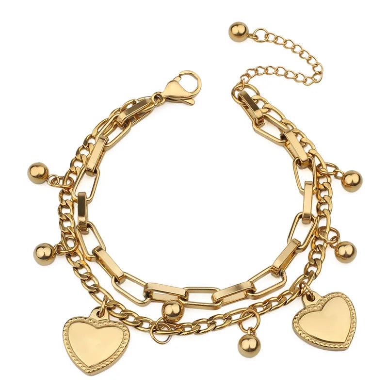 Stainless Steel Heart Charm Double Layered Chain Bracelet