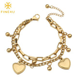 Stainless Steel Heart Charm Double Layered Chain Bracelet