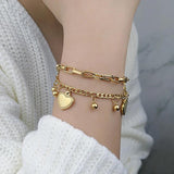 Stainless Steel Heart Charm Double Layered Chain Bracelet