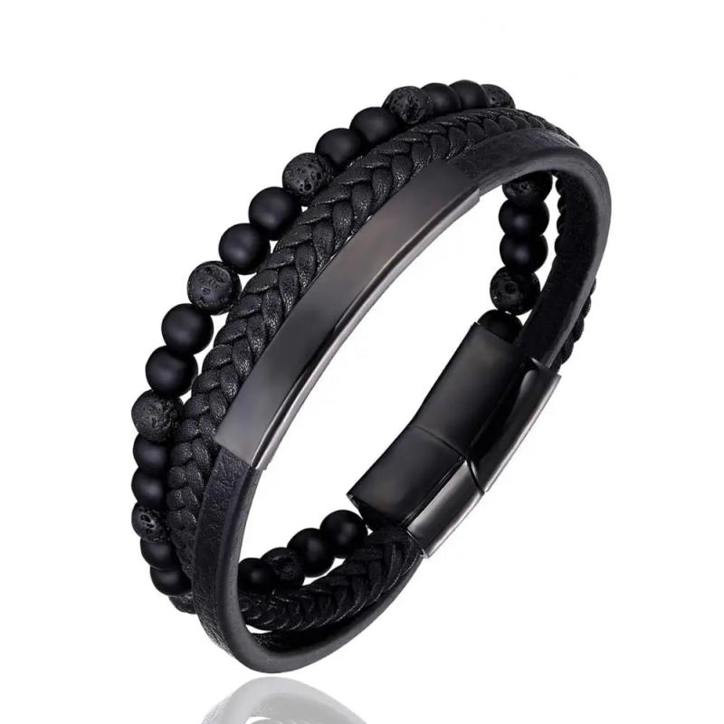 Volcanic Stone Beaded Leather Bracelet for Men Stainless Steel Clasp