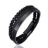 Volcanic Stone Beaded Leather Bracelet for Men Stainless Steel Clasp
