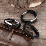 Volcanic Stone Beaded Leather Bracelet for Men Stainless Steel Clasp