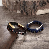 Volcanic Stone Beaded Leather Bracelet for Men Stainless Steel Clasp