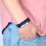 Volcanic Stone Beaded Leather Bracelet for Men Stainless Steel Clasp