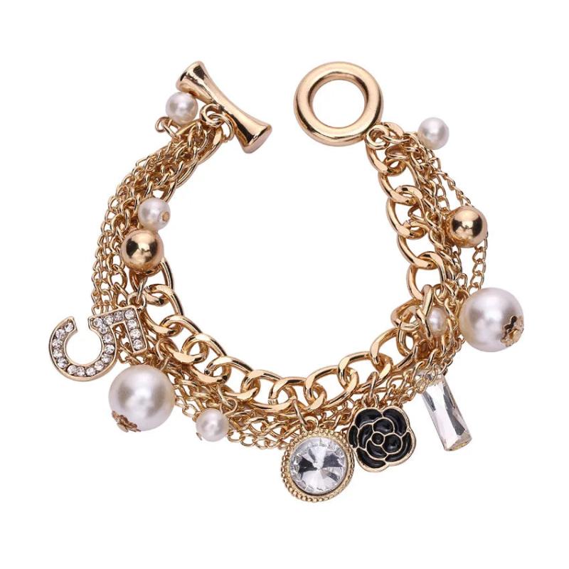 Women Pearl Crystal 5 Number Bracelet Double Layers Camellia Chains