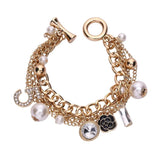 Women Pearl Crystal 5 Number Bracelet Double Layers Camellia Chains