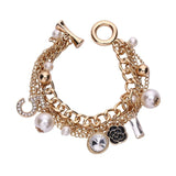 Women Pearl Crystal 5 Number Bracelet Double Layers Camellia Chains