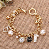 Women Pearl Crystal 5 Number Bracelet Double Layers Camellia Chains