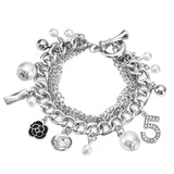 Women Pearl Crystal 5 Number Bracelet Double Layers Camellia Chains