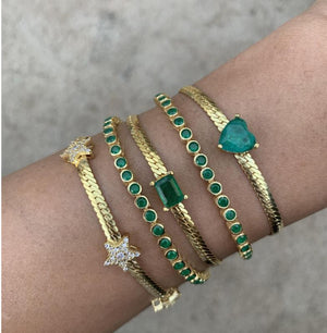 5mm Herringbone Chain Bracelet with Green Heart Charm for Women