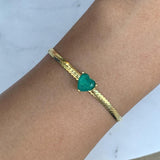 5mm Herringbone Chain Bracelet with Green Heart Charm for Women