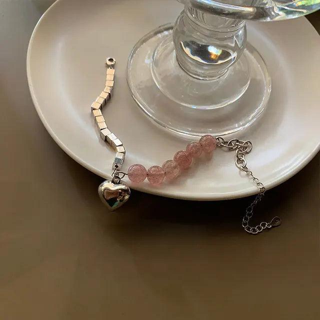 Silver Bracelet Pink Beads Heart Pendant Party Jewelry