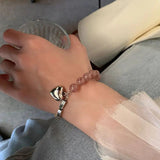 Silver Bracelet Pink Beads Heart Pendant Party Jewelry