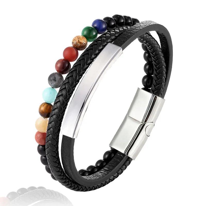 Stainless Steel Leather Bracelet for Men Women Cuff Gift Volcanic Stones Beads